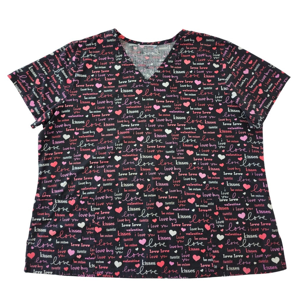 Valentines Day Hearts Love Script V-Neck Scrub Top Black Pink XL